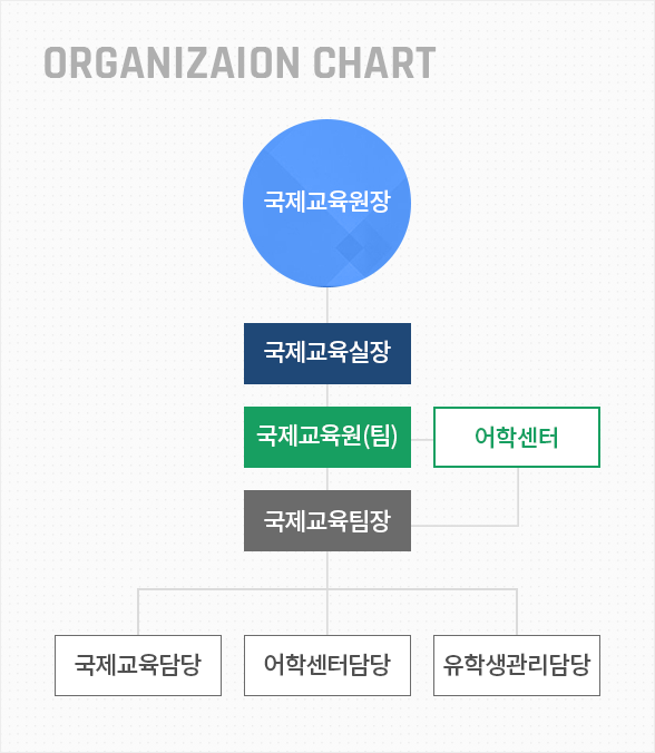 ORGANIZAION CHART - 국제교육원장 (국제교육실장, 국제교육원(팀), 어학센터, 국제교육팀장, 국제교육담당, 어학센터담당, 유학생관리담당)